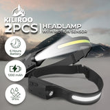 KILIROO 2PCS LED Rechargeable Headlamp with Motion Sensor KR-HL-100-YE V227-5227715018260