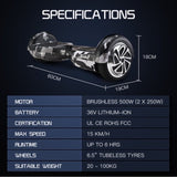 BULLET Electric Hoverboard Scooter 6.5 Inch Wheels, Colour LED Lighting, Carry Bag, Gen III Camo V219-BLHSTY01A