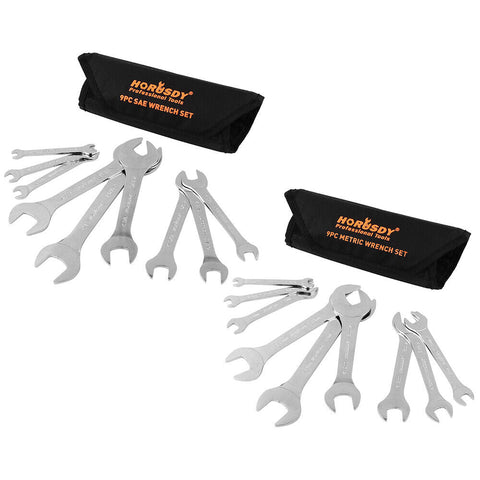 HORUSDY Super Thin 18Pc Wrench Set Open End Spanner 3mm CRV Metric & SAE w Pouch V465-81032