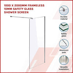 1000 x 2000mm Frameless 10mm Safety Glass Shower Screen V63-829791