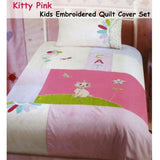 Kitty Cat Embroidered Quilt Cover Set Single V442-ABR-QUILTCS-KITTY-PINK-SB