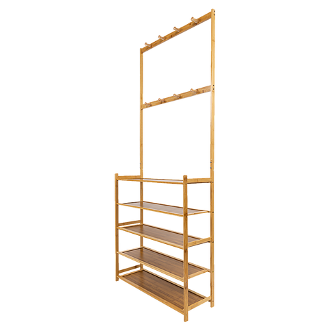 Large Wooden 5 Tiers Hat Coat Stand Clothes Shoe Rack Hanger Hooks Shelf Storage V63-840271