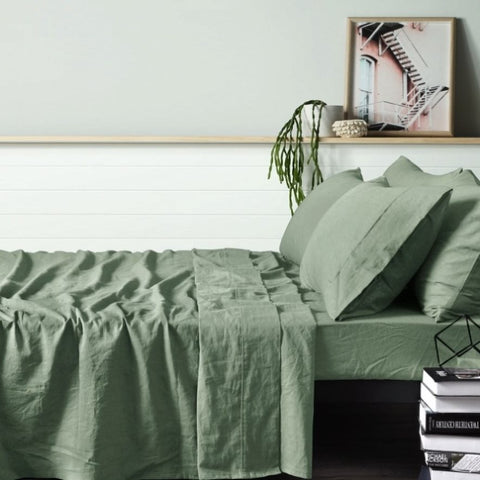 Vintage Design Homewares 100% Linen Sage Sheet Set KING SINGLE V442-HIN-SHEETS-LINEN-SAGE-KS