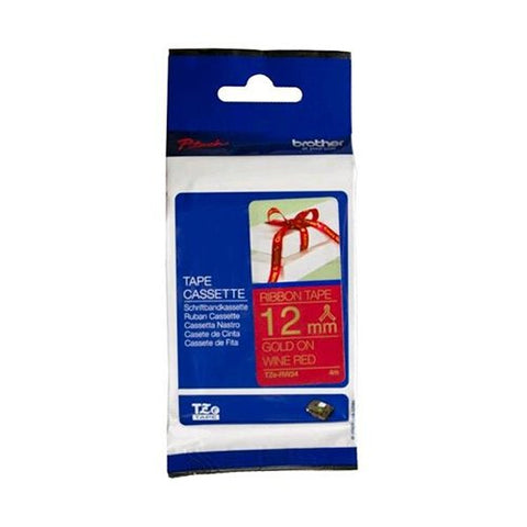 Brother TZe-RW34 12mm x 4m Gold on Wine Red Ribbon Tape - for use in Brother Printer V200-TZE-RW34
