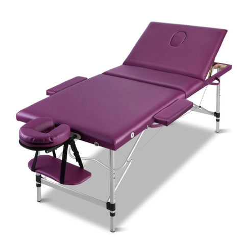 Zenses Massage Table 75cm Portable 3 Fold Aluminium Beauty Bed Violet MT-ALUM-GA301-VI-75