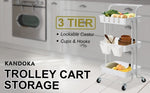 Kandoka 3 Tier White Trolley Cart Storage Utility Rack Organiser Swivel Kitchen V274-HA-GO37-TC-3WH
