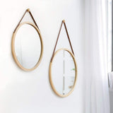 Hanging Round Wall Mirror 45 cm - Solid Bamboo Frame and Adjustable Leather Strap for Bathroom and V178-36015