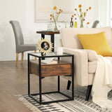 VASAGLE Side Table Tempered Glass End Table with Drawer and Shelf Rustic Brown and Black LET04BX V227-9101101018140