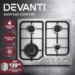 Devanti Gas Cooktop 60cm 4 Burner Silvir CT-GAS-4BTB-SS