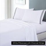 soft microfibre embroidered stripe sheet set double white pillowcase charcoal stripe V517-EBMF1000-D-WCHA