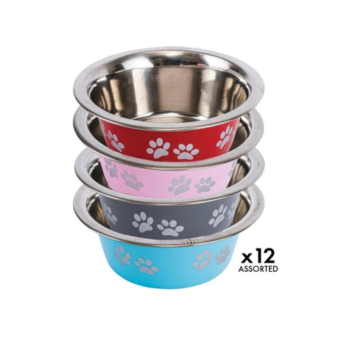 Pet Basic 12PCE Pet Bowl 25cm Stainless Steel Coloured With Paw Prints 2500ml V293-160112-12