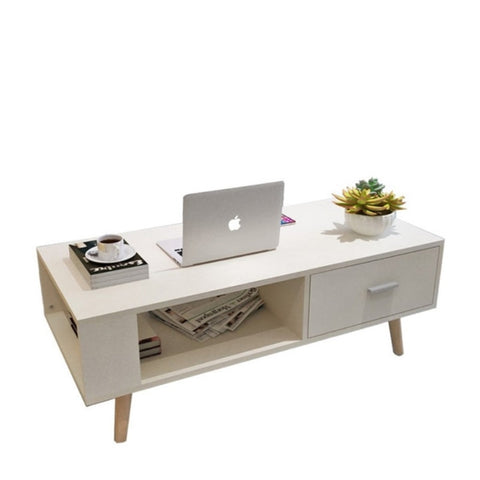 White Coffee Table Storage Drawer & Open Shelf With Wooden Legs V195-CT950-WOOD