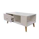 White Coffee Table Storage Drawer & Open Shelf With Wooden Legs V195-CT950-WOOD