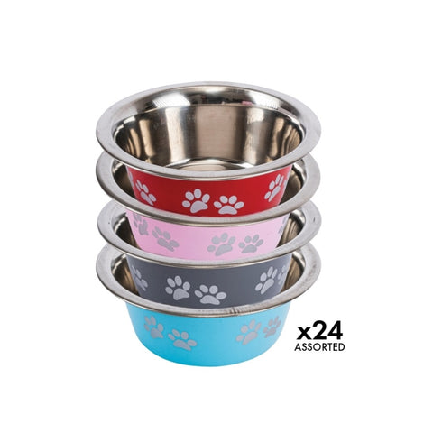 Pet Basic 24PCE Pet Bowl 16.5cm Stainless Steel Coloured With Paw Print 700ml V293-160099-24