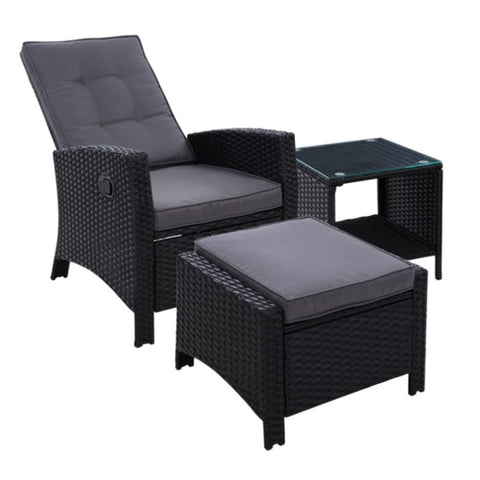 Gardeon 3PC Recliner Chairs Table Sun lounge Wicker Outdoor Furniture Adjustable Black ODF-RECLINER-CHOTTB-3BK