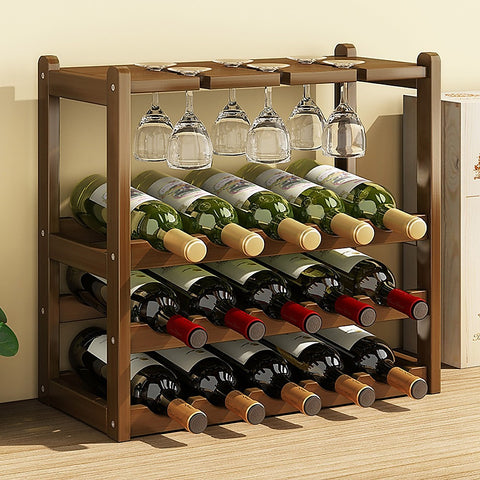 Wine Rack Free Standing 15 Bottles with 6 Glasses Holder Bamboo Wine Storage V63-837981