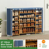 Blue Cover Six Tier Oxford Cloth Covered Tower Bamboo Wooden Shoe Rack Boot Shelf Stand Storage V255-B-130-BL