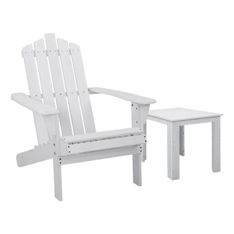 Gardeon 2PC Adirondack Outdoor Table and Chair Wooden Beach Chair Patio Furniture White FF-BEACH-UF-CHTB-WH