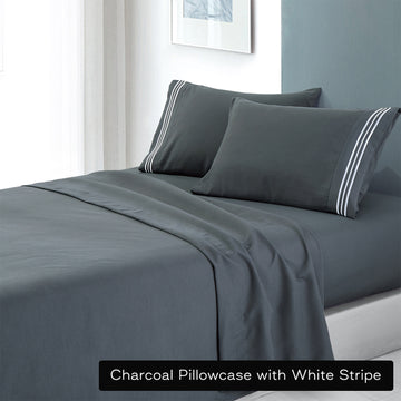 soft microfibre embroidered stripe sheet set double charcoal Pillowcase White Stripe V517-EBMF1000-D-CHA