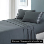 soft microfibre embroidered stripe sheet set king single charcoal pillowcase white stripe V517-EBMF1000-KS-CHA