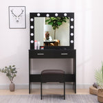 Fidel Vanity Set with Cushioned Stool and Lighted Mirror- Black V264-TAB-716C-BLK-NA-1