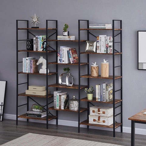 YES4HOMES Industrial Shelf Bookshelf, Vintage Wood and Metal Bookcase Furniture for Home & Office V278-M80907F-METAL-BOOKCASE