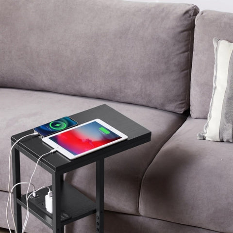 E-Shaped Sofa Side Table with Power Board, Black V178-100040