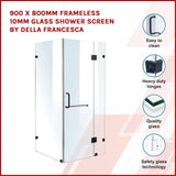 900 x 800mm Frameless 10mm Glass Shower Screen By Della Francesca 830841