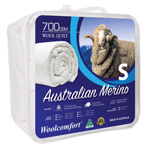 Woolcomfort Aus Made Merino Wool Quilt 700GSM 140x210cm Single Size V535-JAPARA-WQ-700G-S