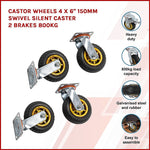 Castor Wheels 4 x 6" 150mm Swivel Silent Caster 2 Brakes 800KG V63-841911