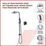 WELS 8" Rain Shower Head Set Square Dual Heads Faucet High Pressure With Mixer V63-827961