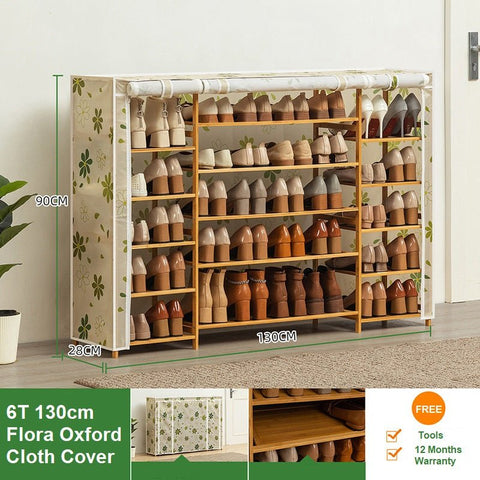 Flora Cover Six Tier Oxford Cloth Covered Tower Bamboo Wooden Shoe Rack Boot Shelf Stand Storage V255-B-130-FLO