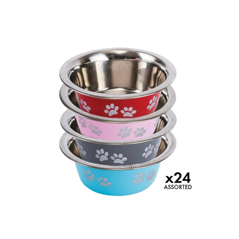 Pet Basic 24PCE Pet Bowls 13cm Stainless Steel Coloured With Paw Prints 350ml V293-160082-24