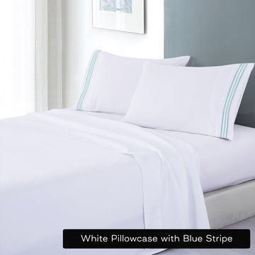 soft microfibre embroidered stripe sheet set kingle single white pillowcase blue stripe V517-EBMF1000-KS-WBL