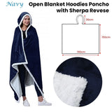 Adult Men Women Open Blanket Hoodie Poncho with Sherpa Fleece Reverse Navy V442-ABR-BLANKET-OPENHOODIEPLAIN-NAVY-SH