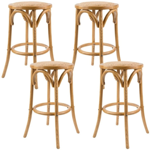 Aster 4pc Round Bar Stools Dining Stool Chair Solid Birch Wood Rattan Seat Oak V315-VOD-CAFE-21-4PC-KIT