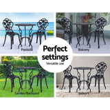 Gardeon 3PC Outdoor Setting Bistro Set Chairs Table Cast Aluminum Rose Black GB-CALU-3PC-XG1015-BK