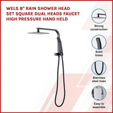 WELS 8" Rain Shower Head Set Square Dual Heads Faucet High Pressure Hand Held V63-828041