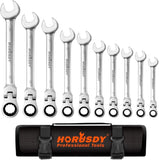 10Pc Flexible Head Ratchet Spanner Set Metric Wrench CRV With Carry Pouch 8-22MM V465-97434-AU-2