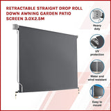 Retractable Straight Drop Roll Down Awning Garden Patio Screen 3.0X2.5M V63-842951