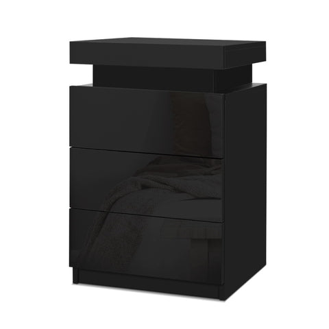 Artiss Bedside Table LED 3 Drawers - COLEY Black FURNI-O-LED-BS-3D-BK