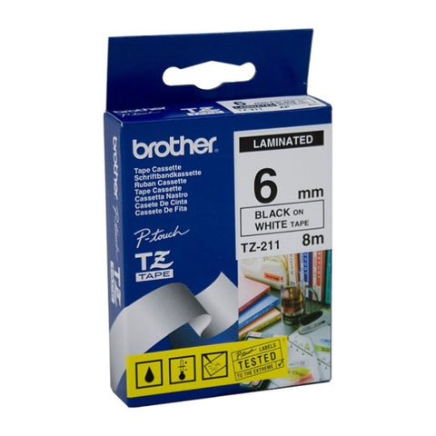 BROTHER TZe211 Labelling Tape 6mm Black on White TZE Tape V177-D-BTZ211