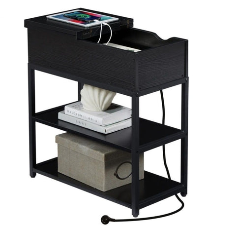 Compact 3-Tier Sofa Side Table with Powerboard, Black V178-100042