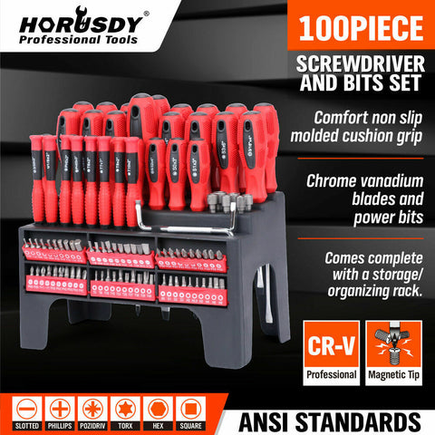 100Pc Screwdriver Set Ratchet Handle Socket Slot Pozi Hex Star Square Bits Rack V465-96026-AU-2