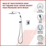 WELS 8" Rain Shower Head Set Square Dual Heads Faucet High Pressure With Mixer V63-828011