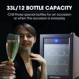 POLYCOOL 33L 12 Bottle Wine Bar Fridge Countertop Cooler Compressor Mirrored Glass Door, Black V219-APPWCLPY1TKA