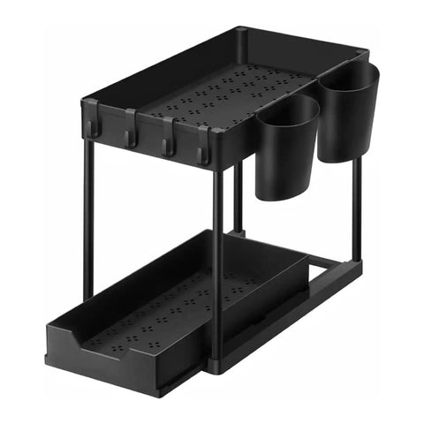 GOMINIMO 2 Packs 2-Tier Under Sink Organizer Shelf with 8 Hanging Hooks and 2 Cup Holders V227-3720262010991