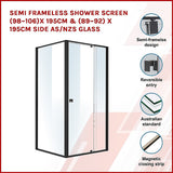 Semi Frameless Shower Screen x 195cm Side AS/NZS Glass V63-824561