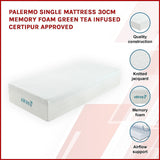 Palermo Single Mattress 30cm Memory Foam Green Tea Infused CertiPUR Approved V63-826511