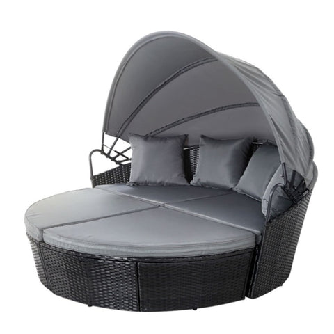 Gardeon Sun Lounge Setting Wicker Lounger Day Bed Outdoor Furniture Patio Black ODF-SUNBED-180-BK-ABC